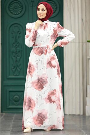 Desenli Somon Tesettür Elbise 279313SMN