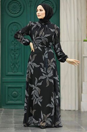 Yaprak Desenli Siyah Tesettür Elbise 279310S