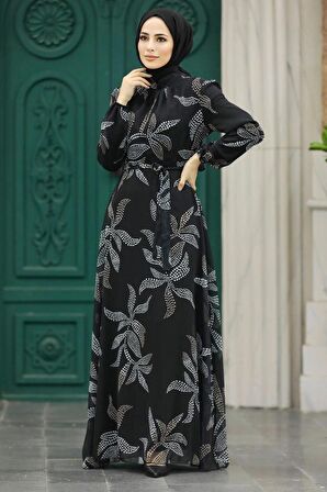 Yaprak Desenli Siyah Tesettür Elbise 279310S