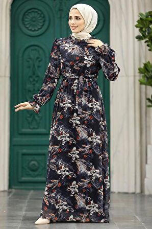Çiçek Desenli Siyah Tesettür Elbise 29710S