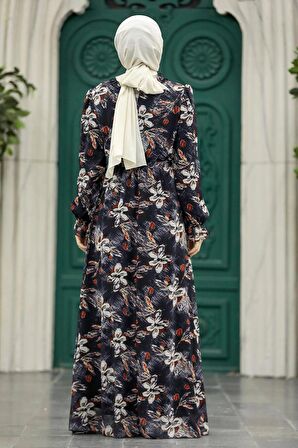 Çiçek Desenli Siyah Tesettür Elbise 29710S