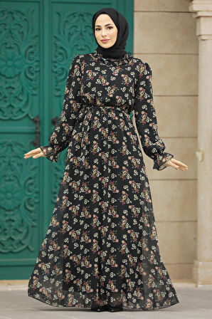 Çiçek Desenli Siyah Tesettür Elbise 29713S