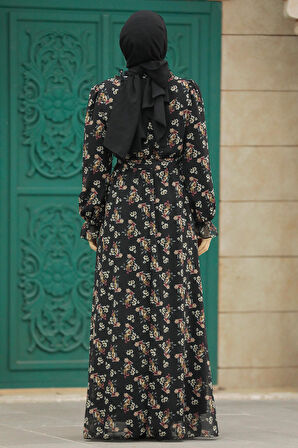 Çiçek Desenli Siyah Tesettür Elbise 29713S