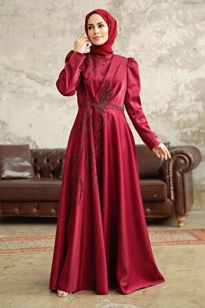 Boncuk İşlemeli Bordo Tesettür Saten Abiye Elbise 3915BR