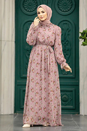 Çiçek Desenli Pudra Tesettür Elbise 29713PD