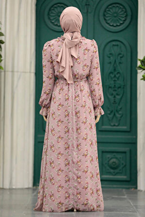 Çiçek Desenli Pudra Tesettür Elbise 29713PD