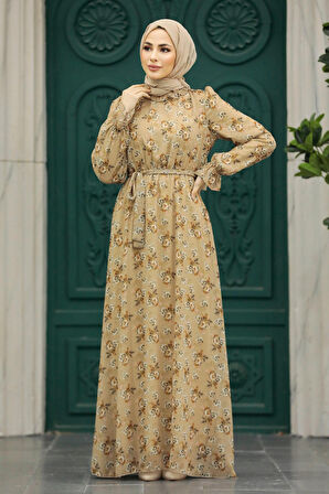 Çiçek Desenli Bisküvi Tesettür Elbise 29713BS