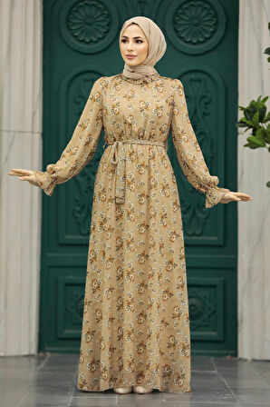 Çiçek Desenli Bisküvi Tesettür Elbise 29713BS