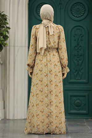 Çiçek Desenli Bisküvi Tesettür Elbise 29713BS