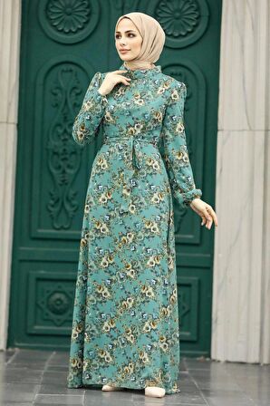 Çiçek Desenli Çağla Yeşili Tesettür Elbise 27947CY