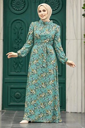Çiçek Desenli Çağla Yeşili Tesettür Elbise 27947CY