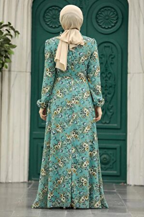 Çiçek Desenli Çağla Yeşili Tesettür Elbise 27947CY