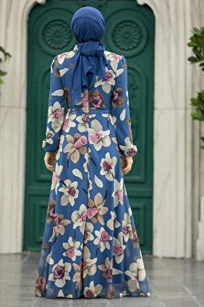 Çiçek Desenli İndigo Mavisi Tesettür Elbise 279325IM