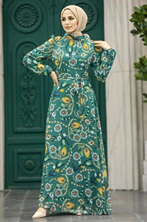 Çiçek Desenli Yeşil Tesettür Elbise 279326Y