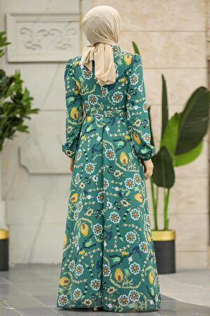 Çiçek Desenli Yeşil Tesettür Elbise 279326Y