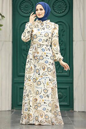 Çiçek Desenli Ekru Tesettür Elbise 279326E