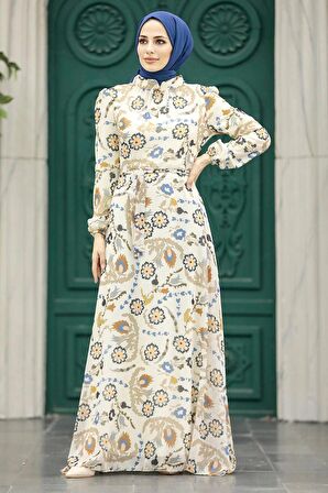 Çiçek Desenli Ekru Tesettür Elbise 279326E