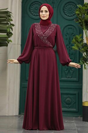 Boncuk Detaylı Bordo Tesettür Abiye Elbise 22153BR