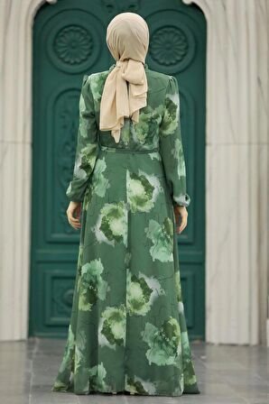 Desenli Haki Tesettür Elbise 279313HK