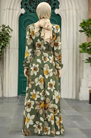 Çiçek Desenli Haki Tesettür Elbise 279325HK