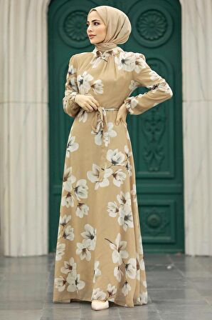 Çiçek Desenli Bisküvi Tesettür Elbise 279314BS