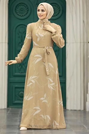 Yaprak Desenli Bisküvi Tesettür Elbise 279315BS