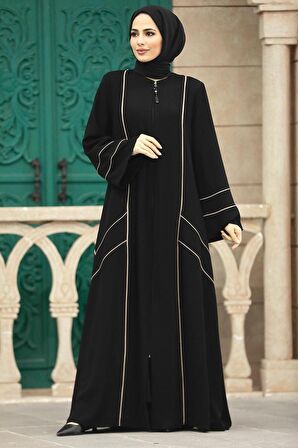 Fermuarlı Siyah Tesettür Rabia Krep Ferace 35162S