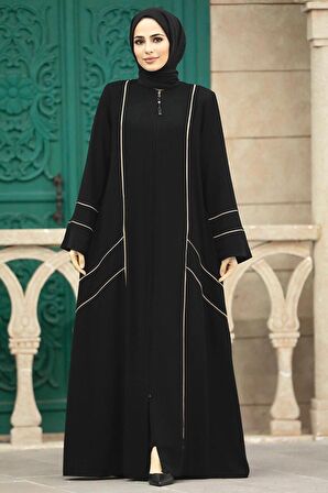 Fermuarlı Siyah Tesettür Rabia Krep Ferace 35162S