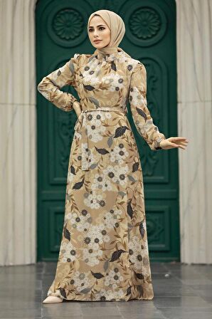 Çiçek Desenli Bisküvi Tesettür Elbise 27950BS