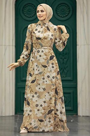 Çiçek Desenli Bisküvi Tesettür Elbise 27950BS
