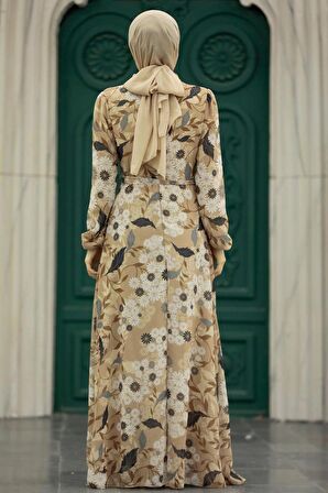 Çiçek Desenli Bisküvi Tesettür Elbise 27950BS