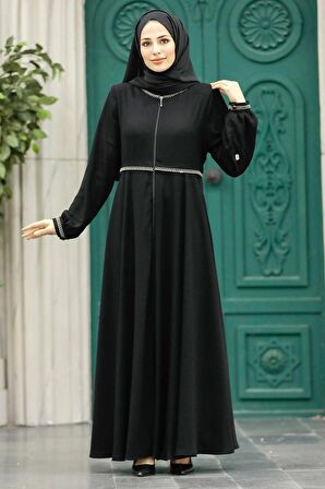 Fermuarlı Siyah Tesettür Ferace 62532S