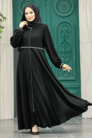 Fermuarlı Siyah Tesettür Ferace 62532S