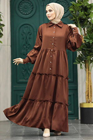 Kat Piliseli Kahverengi Tesettür Elbise 5884KH