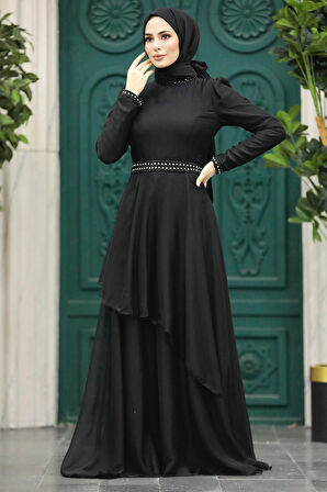 İnci Detaylı Siyah Tesettür Abiye Elbise 22223S