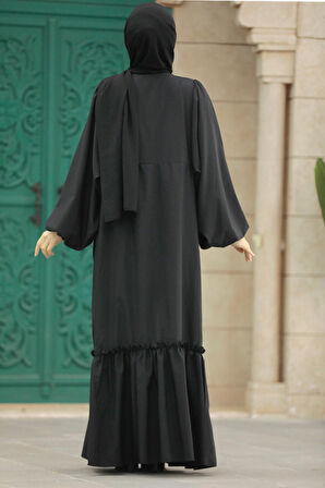 Balon Kol Siyah Tesettür Poplin Elbise 57341S