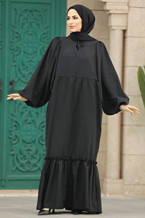 Balon Kol Siyah Tesettür Poplin Elbise 57341S