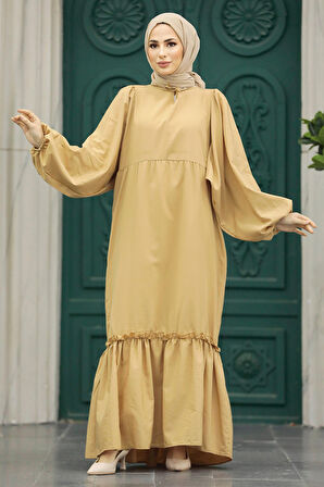Balon Kol Bisküvi Tesettür Poplin Elbise 57341BS