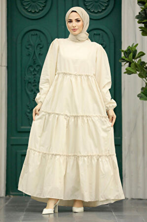 Kat Piliseli Krem Tesettür Poplin Elbise 57342KR