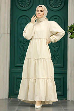 Kat Piliseli Krem Tesettür Poplin Elbise 57342KR