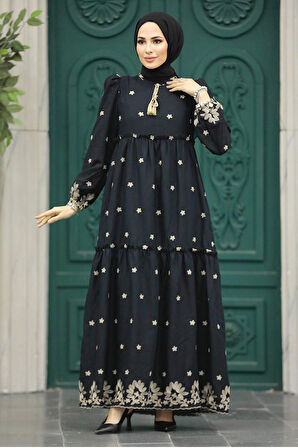 Çiçek Desenli Siyah Tesettür Elbise 1381S