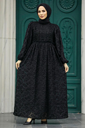 Neva Style - Desenli Siyah Tesettür Elbise 1388S