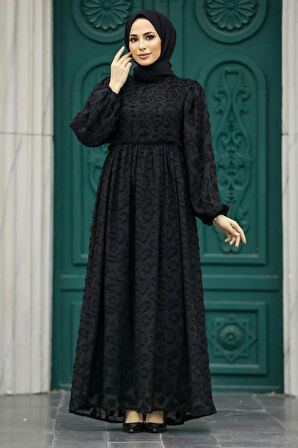 Neva Style - Desenli Siyah Tesettür Elbise 1388S