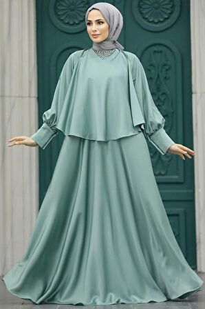 Tesettür Abiye Elbise - Pelerinli Mint Tesettür Abiye Elbise 6051MINT