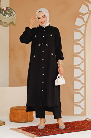 Boncuk Detaylı Siyah Tesettür İkili Takım 12082S