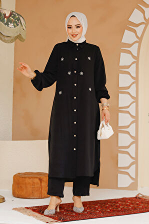 Boncuk Detaylı Siyah Tesettür İkili Takım 12082S