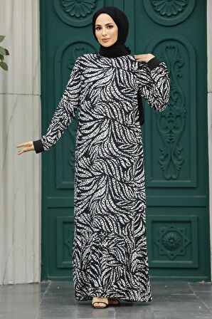 Yaprak Desenli Ekru Tesettür Elbise 22970E