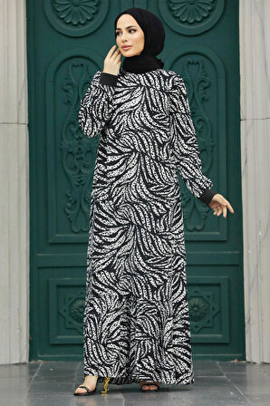 Yaprak Desenli Ekru Tesettür Elbise 22970E