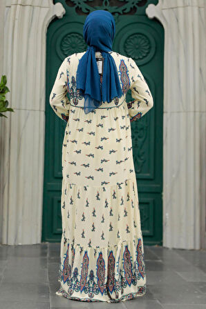 Desenli Ekru Tesettür Elbise 50095E