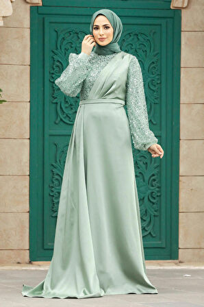 Pul İşlemeli Çağla YeşiliTesettür Abiye Elbise 2311CY